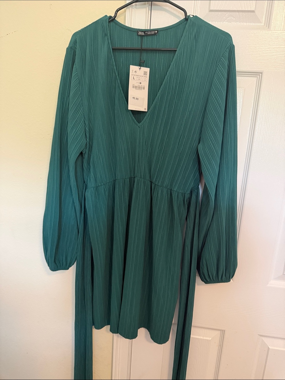 Zara Girls Teal Pleated V-Neck Long-Sleeve Dress